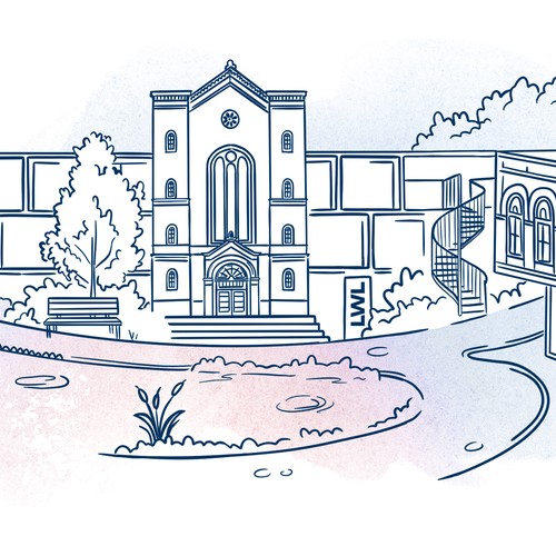 Vereinfachte Darstellung einer Klinik bei Sonnenschein.