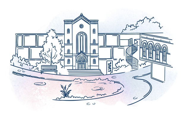 Vereinfachte Darstellung einer Klinik bei Sonnenschein.