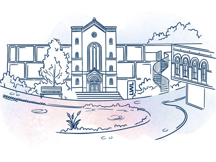 Vereinfachte Darstellung einer Klinik bei Sonnenschein.