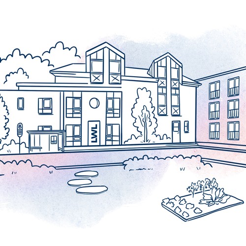 Vereinfachte Dartstellung eines vierstöckigen Wohngebäudes.