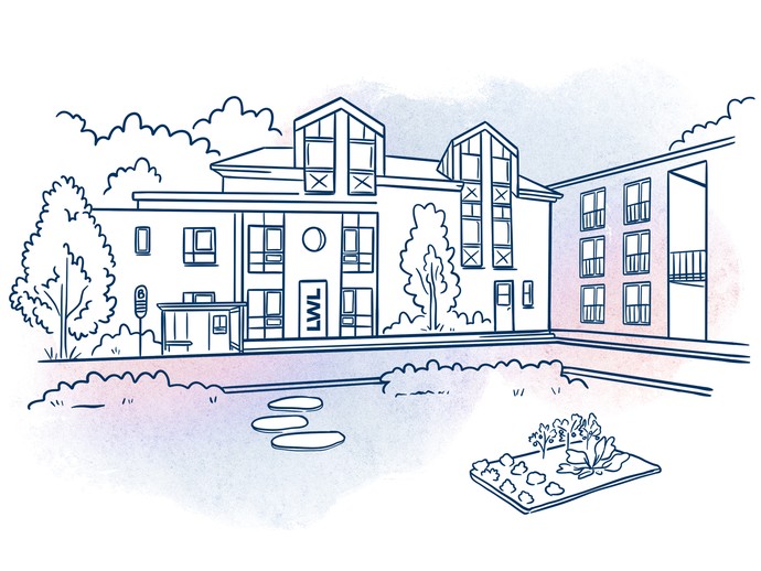 Vereinfachte Dartstellung eines vierstöckigen Wohngebäudes.