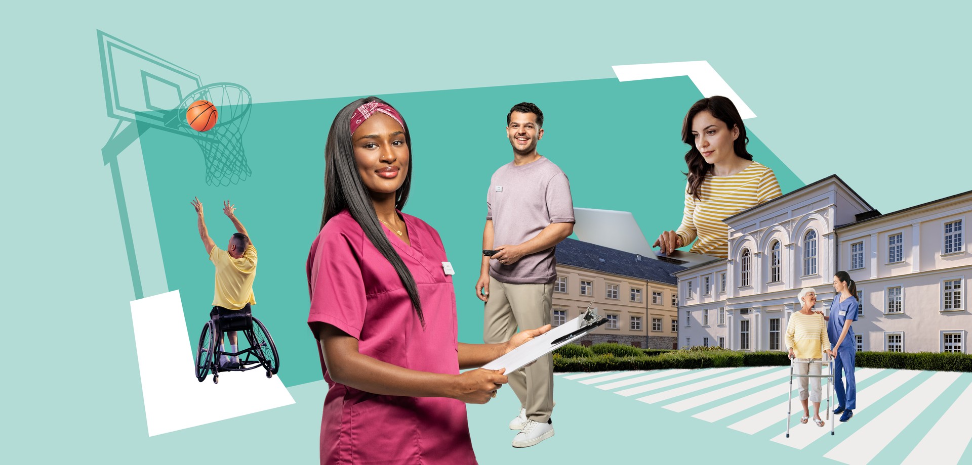 Pflegefachfrau im Kasack mit Klemmbrett, Psychologe mit Handy im Hintergrund