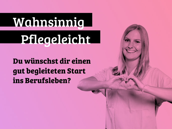 Eine junge Pflegerin formt mit ihren Händen ein Herz.