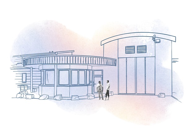 Vereinfachte Darstellung einer Maßregelvollzugsanstalt hinter Sicherheitszaun.