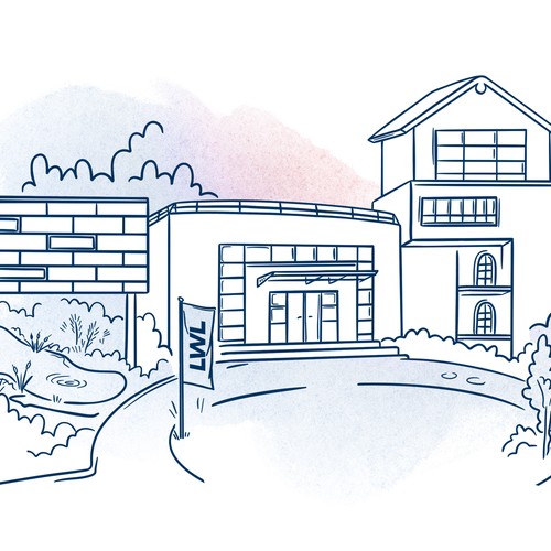 Vereinfachte Darstellung einer zweistöckigen Pflegeeinrichtung bei Sonnenschein.