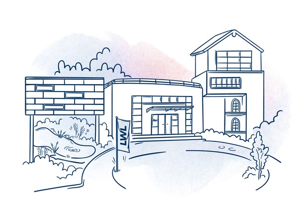 Vereinfachte Darstellung einer zweistöckigen Pflegeeinrichtung bei Sonnenschein.