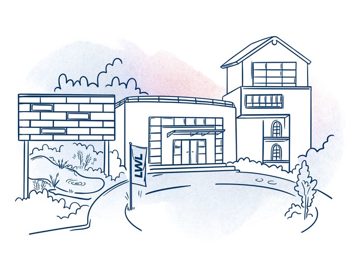 Vereinfachte Darstellung einer zweistöckigen Pflegeeinrichtung bei Sonnenschein.